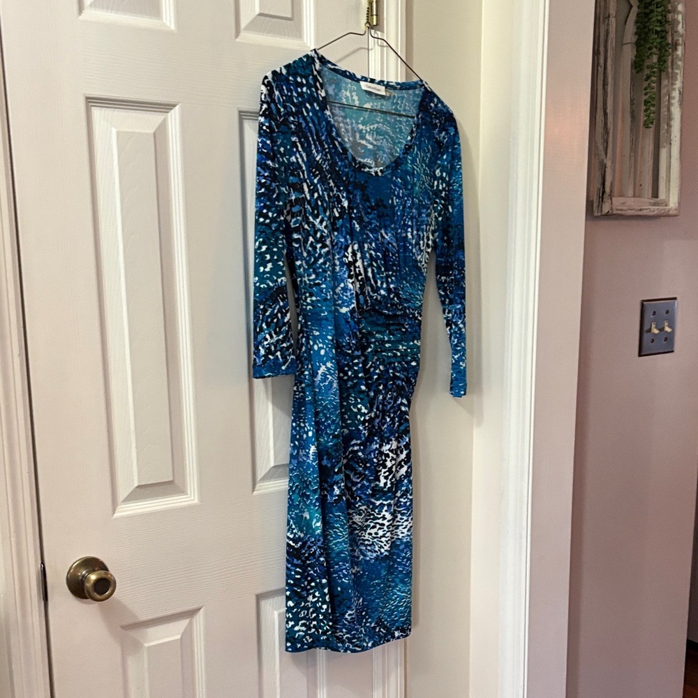Calvin Klein Blue and White Long Sleeve Dress